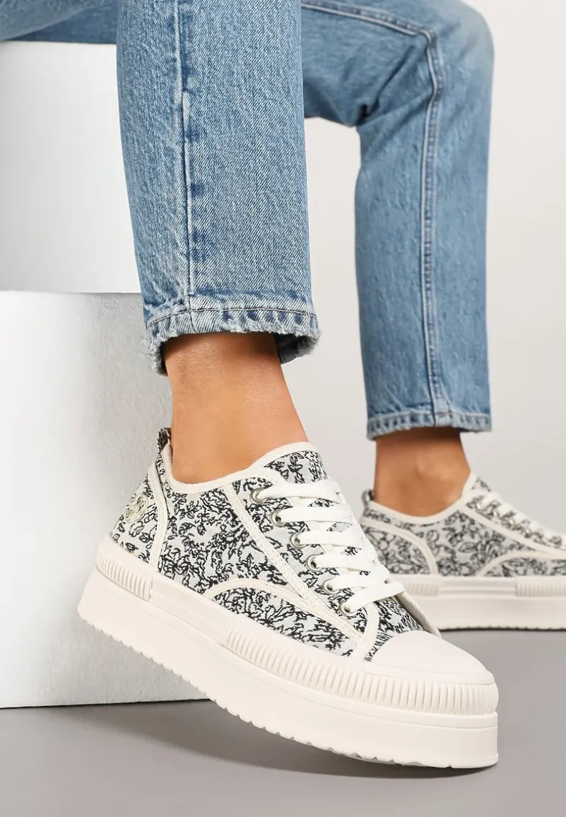 Beżowo-Czarne Trampki na Platformie z Abstrakcyjnym Wzorem Wulinea