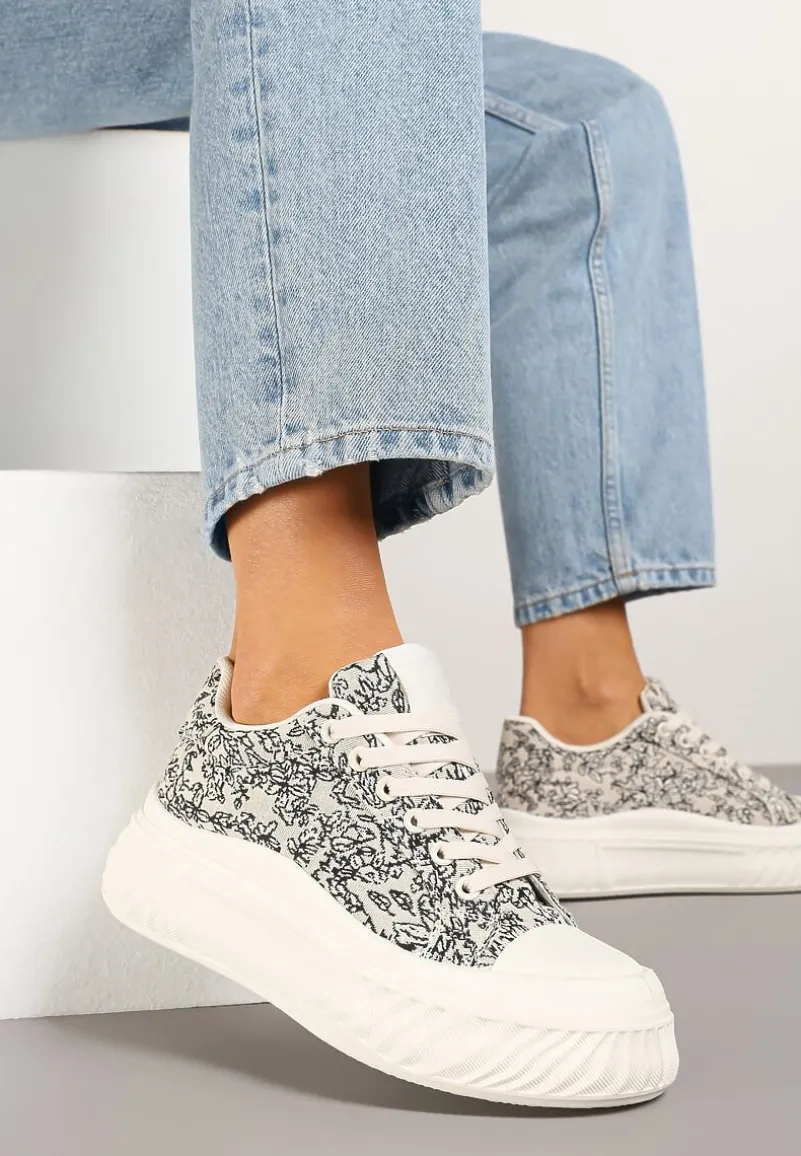 Beżowo-Czarne Trampki na Platformie z Tłoczeniem Ozdobione Abstrakcyjnym Wzorem Desanovia