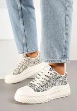 Beżowo-Czarne Trampki na Platformie z Tłoczeniem Ozdobione Abstrakcyjnym Wzorem Desanovia