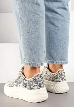 Beżowo-Czarne Trampki na Platformie z Tłoczeniem Ozdobione Abstrakcyjnym Wzorem Desanovia