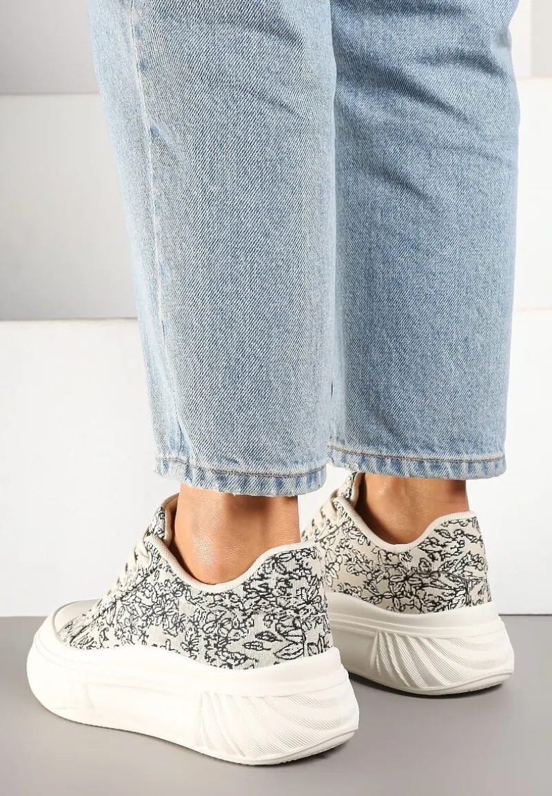 Beżowo-Czarne Trampki na Platformie z Tłoczeniem Ozdobione Abstrakcyjnym Wzorem Desanovia