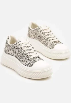 Beżowo-Czarne Trampki na Platformie z Tłoczeniem Ozdobione Abstrakcyjnym Wzorem Desanovia