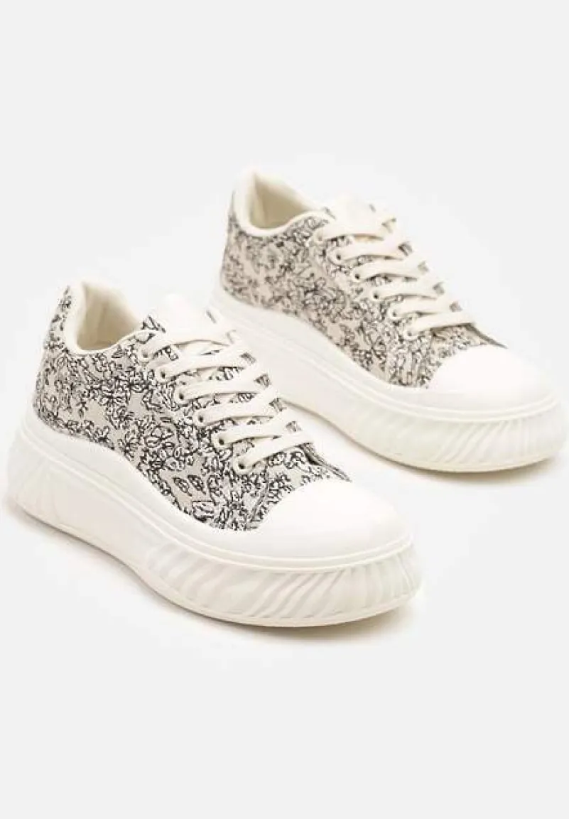 Beżowo-Czarne Trampki na Platformie z Tłoczeniem Ozdobione Abstrakcyjnym Wzorem Desanovia