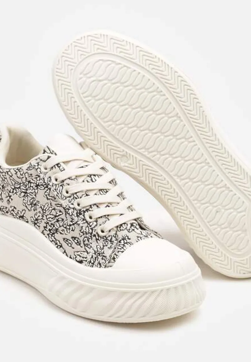 Beżowo-Czarne Trampki na Platformie z Tłoczeniem Ozdobione Abstrakcyjnym Wzorem Desanovia