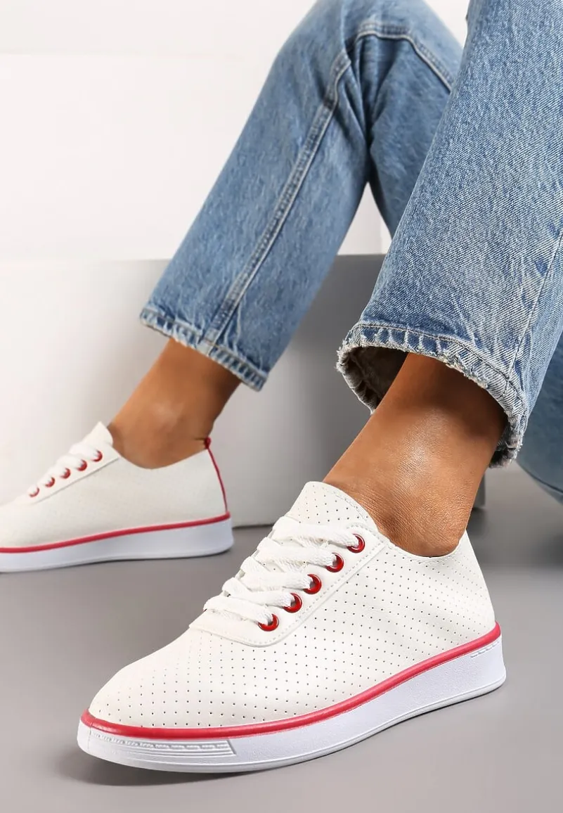 Beżowo-Czerwone Sznurowane Tenisówki z Ozdobną Taśmą na Tyle i Perforacją Kavinna