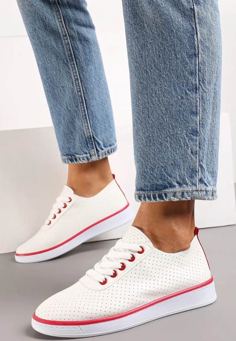 Beżowo-Czerwone Sznurowane Tenisówki z Ozdobną Taśmą na Tyle i Perforacją Kavinna