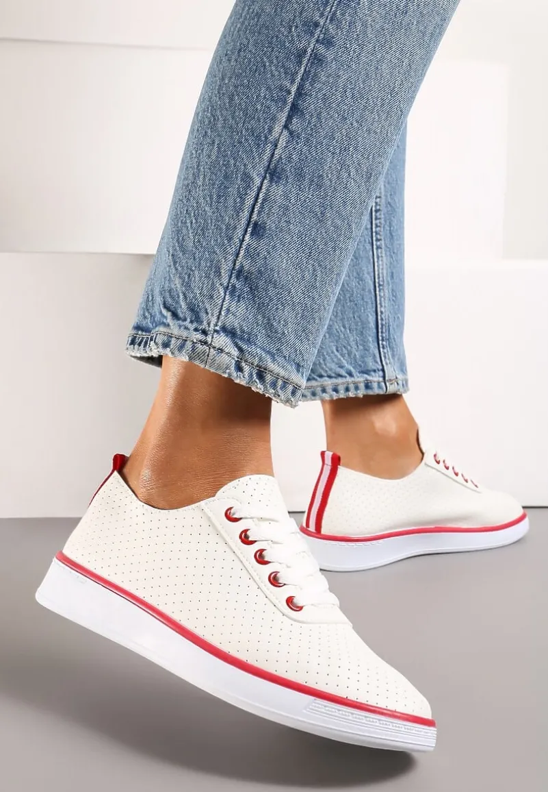 Beżowo-Czerwone Sznurowane Tenisówki z Ozdobną Taśmą na Tyle i Perforacją Kavinna