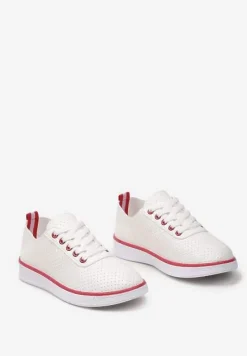 Beżowo-Czerwone Sznurowane Tenisówki z Ozdobną Taśmą na Tyle i Perforacją Kavinna