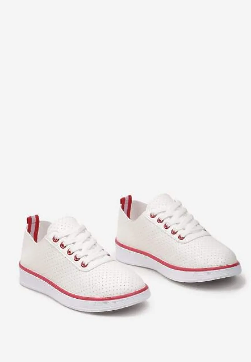 Beżowo-Czerwone Sznurowane Tenisówki z Ozdobną Taśmą na Tyle i Perforacją Kavinna