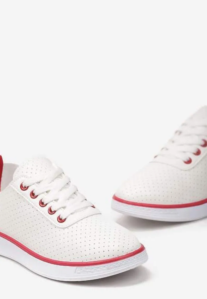 Beżowo-Czerwone Sznurowane Tenisówki z Ozdobną Taśmą na Tyle i Perforacją Kavinna