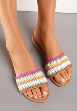 Beżowo-Fioletowe Klapki z Ekoskóry z Plecionką i Płaskim Obcasem Daraena