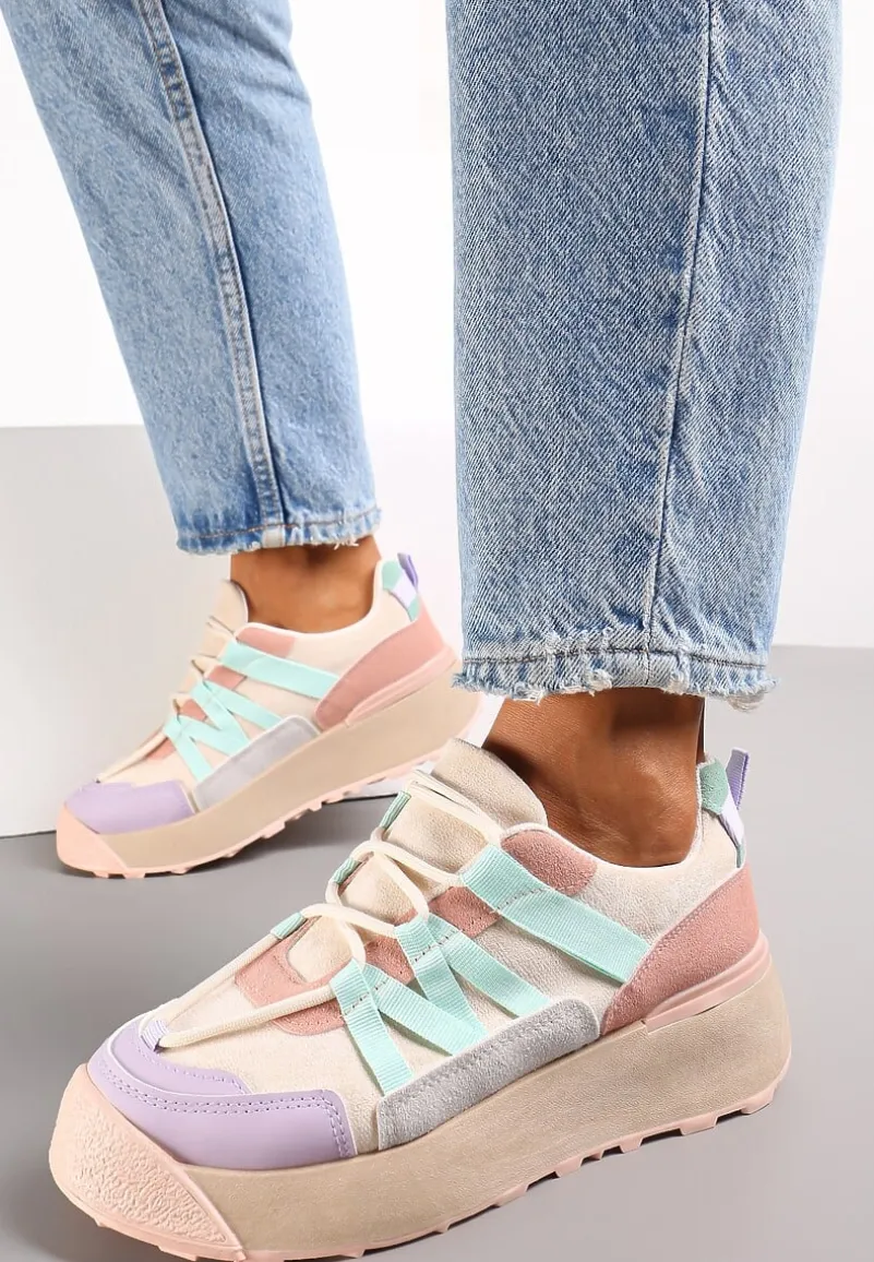Beżowo-Fioletowe Sznurowane Płaskie Sneakersy z Kolorowymi Wstawkami z Ekoskóry Wonise