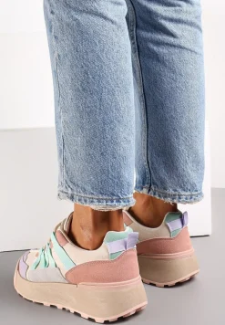 Beżowo-Fioletowe Sznurowane Płaskie Sneakersy z Kolorowymi Wstawkami z Ekoskóry Wonise