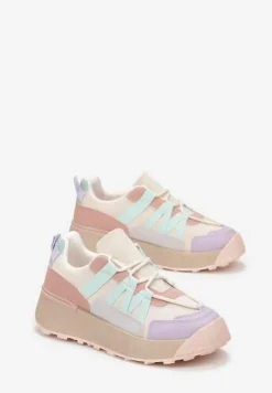 Beżowo-Fioletowe Sznurowane Płaskie Sneakersy z Kolorowymi Wstawkami z Ekoskóry Wonise
