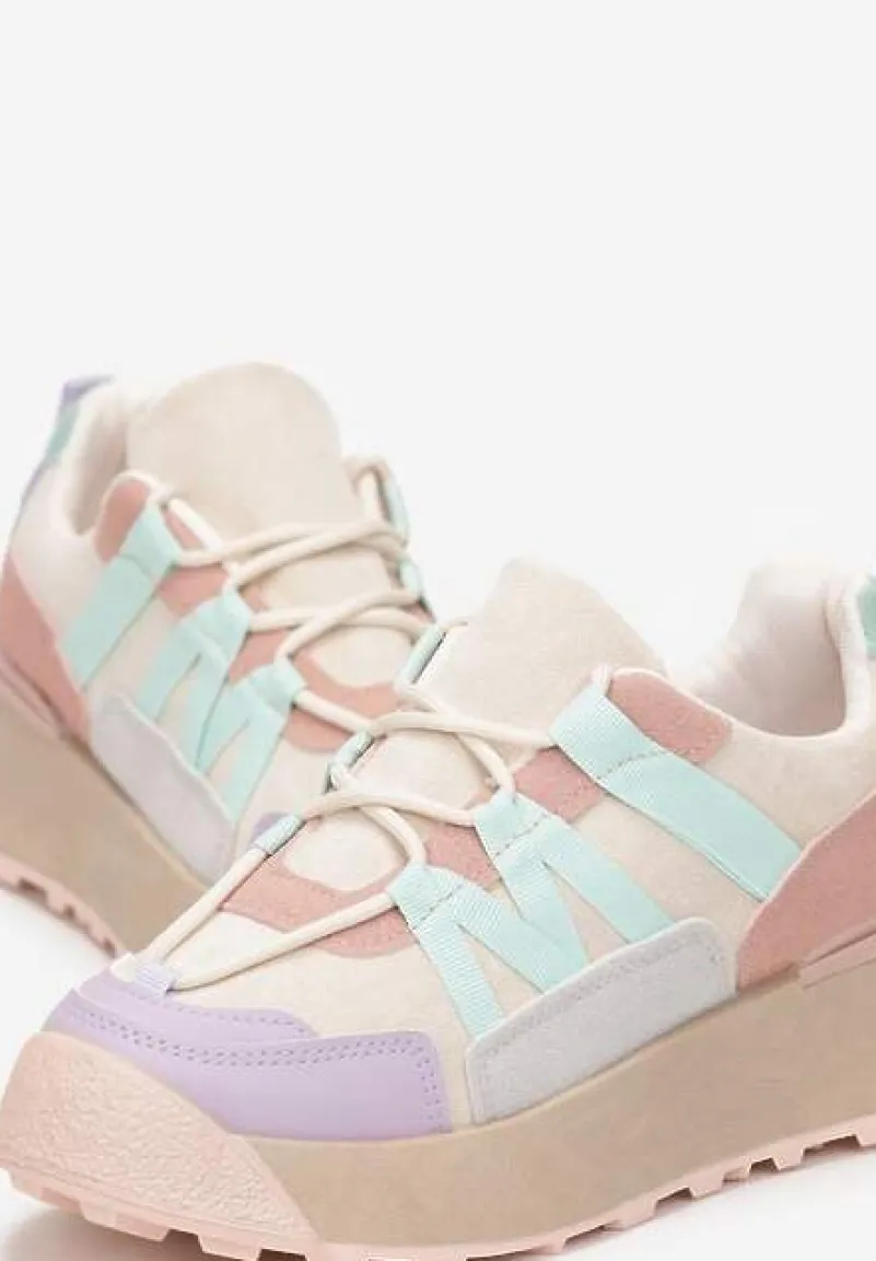 Beżowo-Fioletowe Sznurowane Płaskie Sneakersy z Kolorowymi Wstawkami z Ekoskóry Wonise