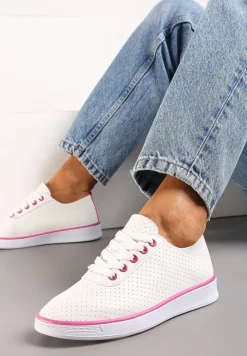 Beżowo-Fuksjowe Sznurowane Tenisówki z Ozdobną Taśmą na Tyle i Perforacją Kavinna