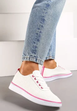 Beżowo-Fuksjowe Sznurowane Tenisówki z Ozdobną Taśmą na Tyle i Perforacją Kavinna