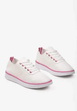 Beżowo-Fuksjowe Sznurowane Tenisówki z Ozdobną Taśmą na Tyle i Perforacją Kavinna