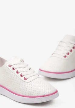 Beżowo-Fuksjowe Sznurowane Tenisówki z Ozdobną Taśmą na Tyle i Perforacją Kavinna