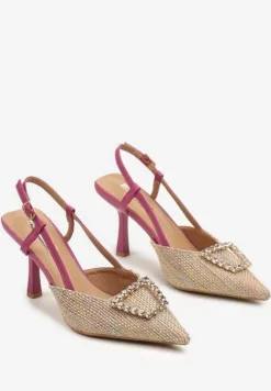 Beżowo-Fuksjowe Szpilki z Odkrytą Piętą Plecioną Cholewką i Metaliczną Ozdobą Neltina