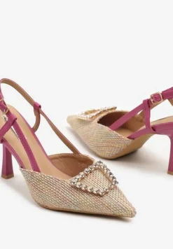 Beżowo-Fuksjowe Szpilki z Odkrytą Piętą Plecioną Cholewką i Metaliczną Ozdobą Neltina