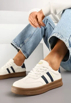 Beżowo-Granatowe Sneakersy Sportowe z Ozdobnymi Paskami i Przeszyciami Wenilan