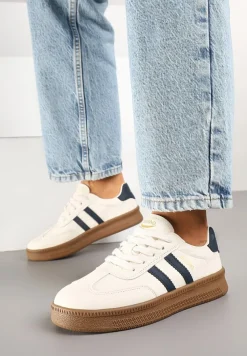 Beżowo-Granatowe Sneakersy Sportowe z Ozdobnymi Paskami i Przeszyciami Wenilan