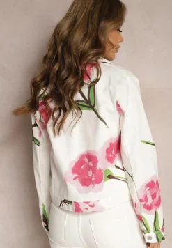 Beżowo-Różowa Kurtka Jeansowa z Bawełny we Florystyczny Print Arielapa