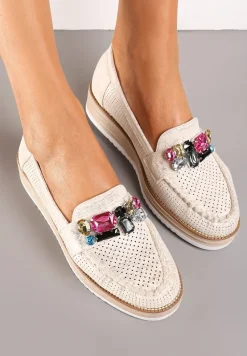 Beżowo-Srebrne Mokasyny ze Wstawką z Kolorowych Kamieni i Perforacją Veraila
