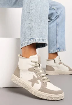 Beżowo-Szare Skórzane Buty Sportowe za Kostkę z Ozdobną Naszywką na Boku Olnasia