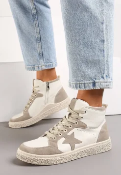 Beżowo-Szare Skórzane Buty Sportowe za Kostkę z Ozdobną Naszywką na Boku Olnasia