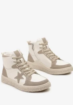 Beżowo-Szare Skórzane Buty Sportowe za Kostkę z Ozdobną Naszywką na Boku Olnasia