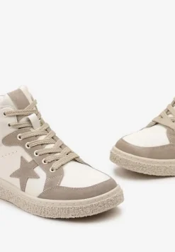 Beżowo-Szare Skórzane Buty Sportowe za Kostkę z Ozdobną Naszywką na Boku Olnasia