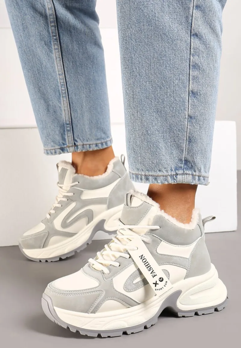 Beżowo-Szare Sznurowane Sneakersy na Platformie Ozdobione Napisem i Futerkiem Siorra