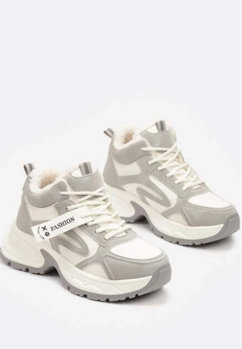 Beżowo-Szare Sznurowane Sneakersy na Platformie Ozdobione Napisem i Futerkiem Siorra