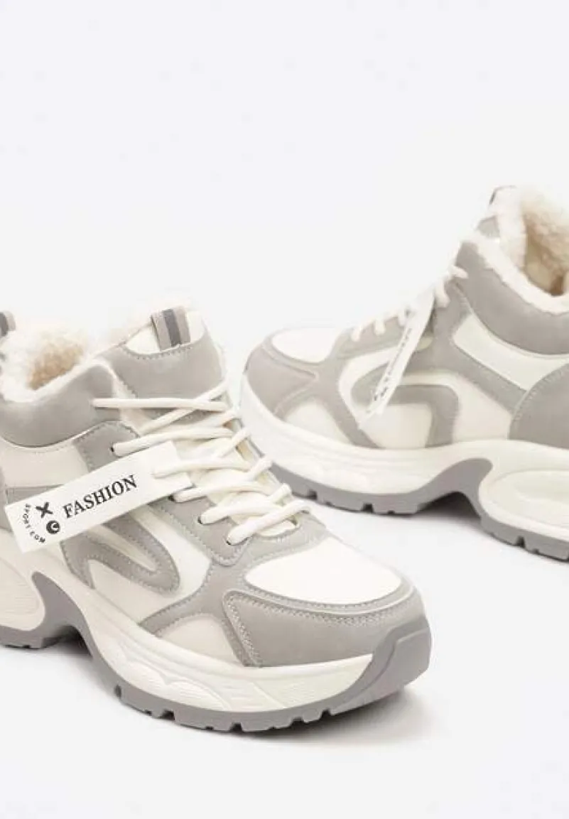 Beżowo-Szare Sznurowane Sneakersy na Platformie Ozdobione Napisem i Futerkiem Siorra