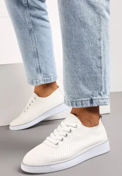 Beżowo-Szare Sznurowane Tenisówki z Ozdobną Taśmą na Tyle i Perforacją Kavinna