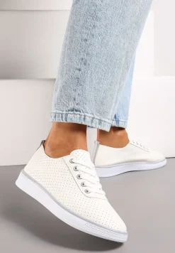 Beżowo-Szare Sznurowane Tenisówki z Ozdobną Taśmą na Tyle i Perforacją Kavinna