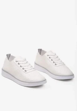 Beżowo-Szare Sznurowane Tenisówki z Ozdobną Taśmą na Tyle i Perforacją Kavinna