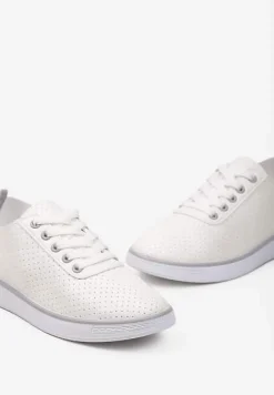 Beżowo-Szare Sznurowane Tenisówki z Ozdobną Taśmą na Tyle i Perforacją Kavinna