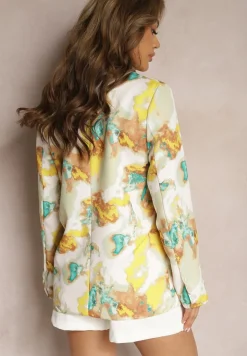 Beżowo-Żółta Marynarka o Dwurzędowym Fasonie z Kolorowym Printem Tie-Dye Grentellia