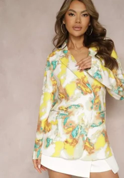 Beżowo-Żółta Marynarka o Dwurzędowym Fasonie z Kolorowym Printem Tie-Dye Grentellia