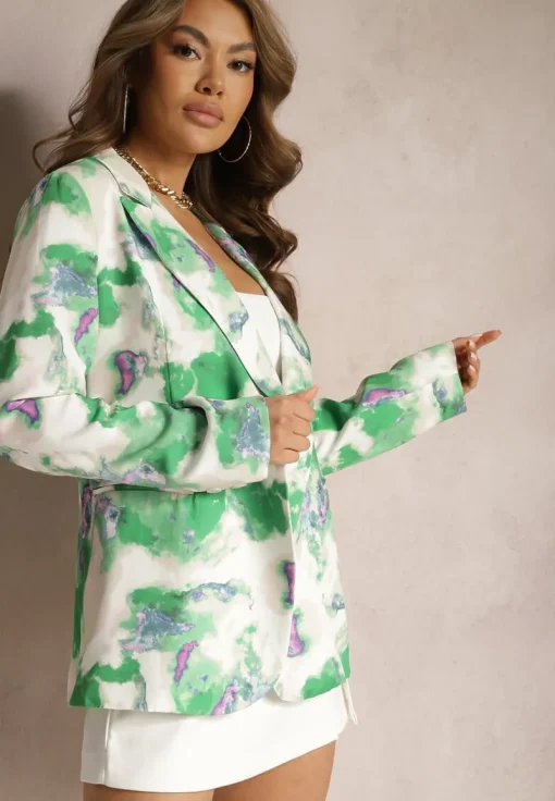 Beżowo-Zielona Marynarka o Dwurzędowym Fasonie z Kolorowym Printem Tie-Dye Grentellia