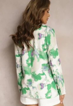 Beżowo-Zielona Marynarka o Dwurzędowym Fasonie z Kolorowym Printem Tie-Dye Grentellia