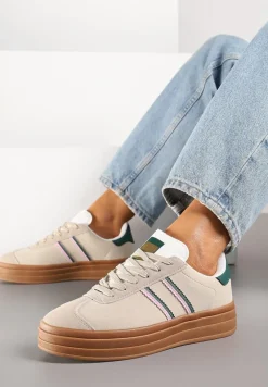 Beżowo-Zielone Klasyczne Sneakersy na Niewysokiej Platformie Terilee