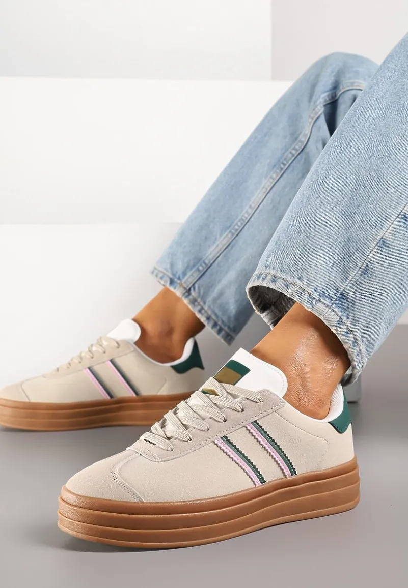 Beżowo-Zielone Klasyczne Sneakersy na Niewysokiej Platformie Terilee