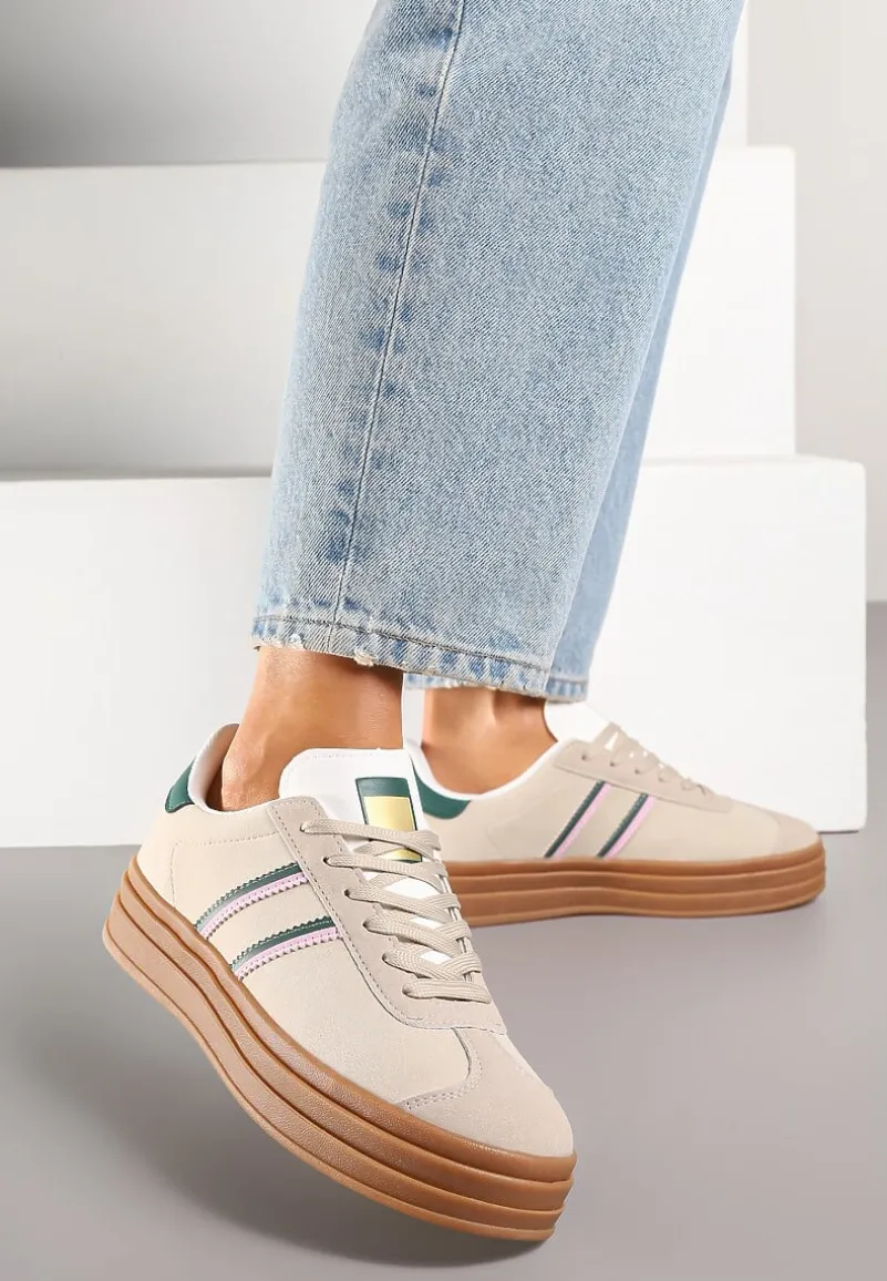 Beżowo-Zielone Klasyczne Sneakersy na Niewysokiej Platformie Terilee