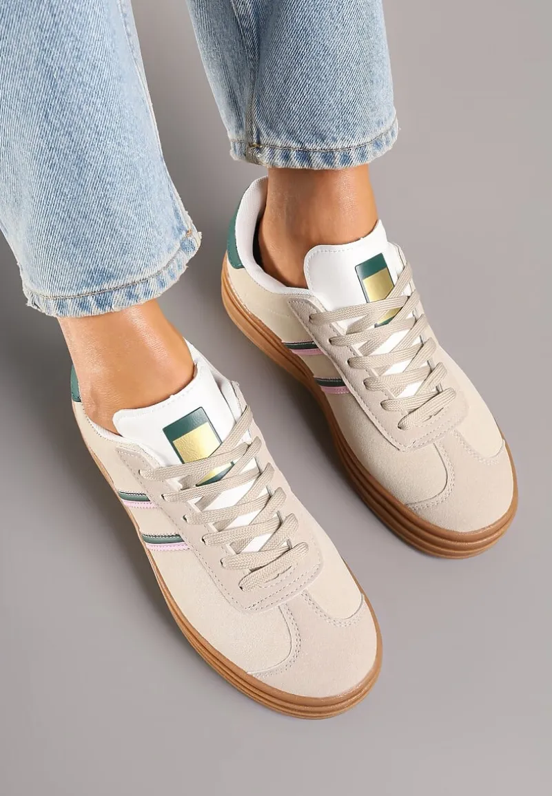 Beżowo-Zielone Klasyczne Sneakersy na Niewysokiej Platformie Terilee