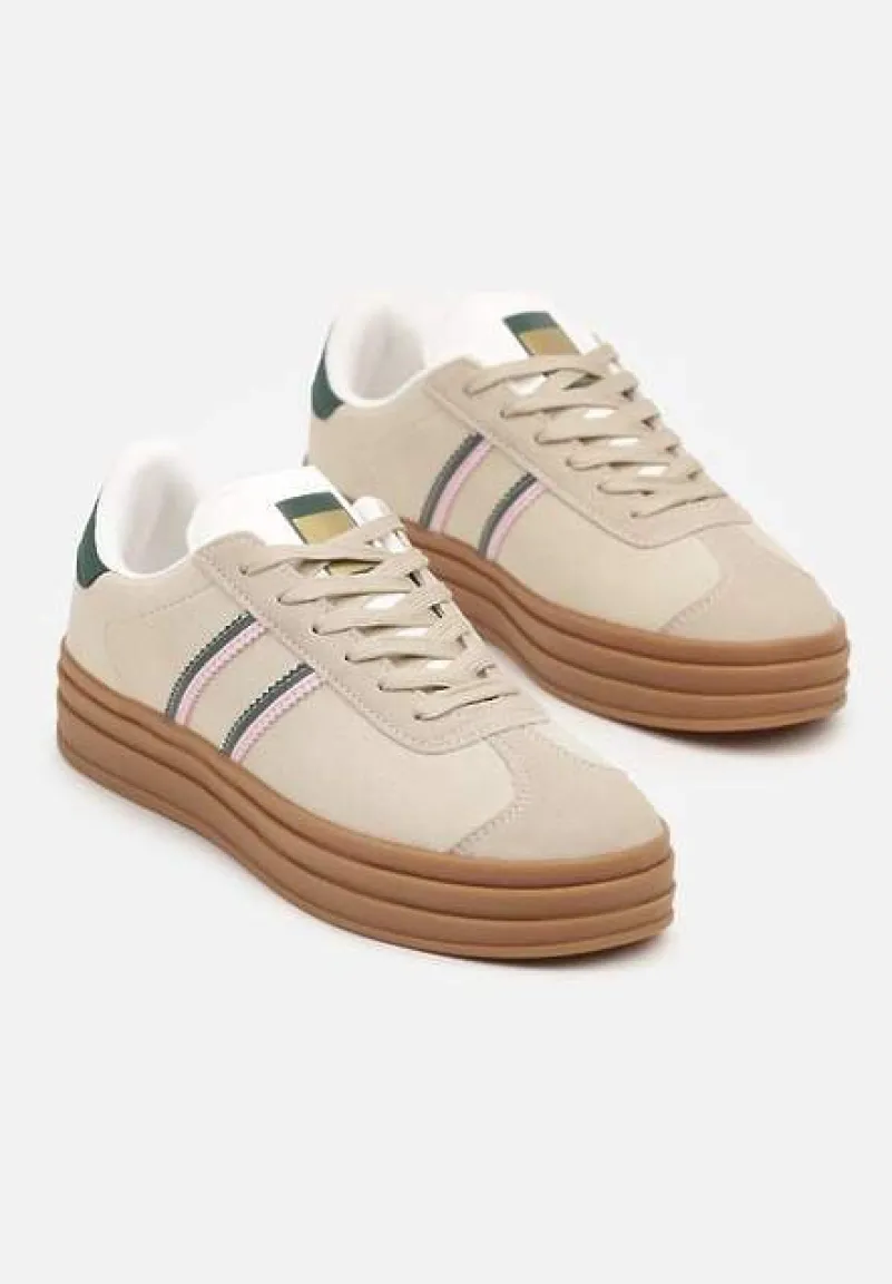 Beżowo-Zielone Klasyczne Sneakersy na Niewysokiej Platformie Terilee