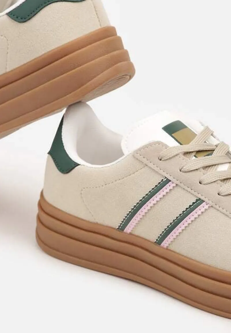 Beżowo-Zielone Klasyczne Sneakersy na Niewysokiej Platformie Terilee